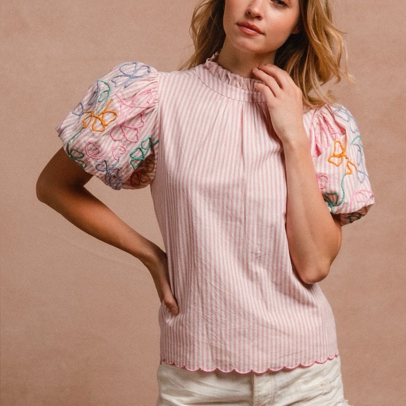 Pink Striped Women's Top With Embroidered Sleeves